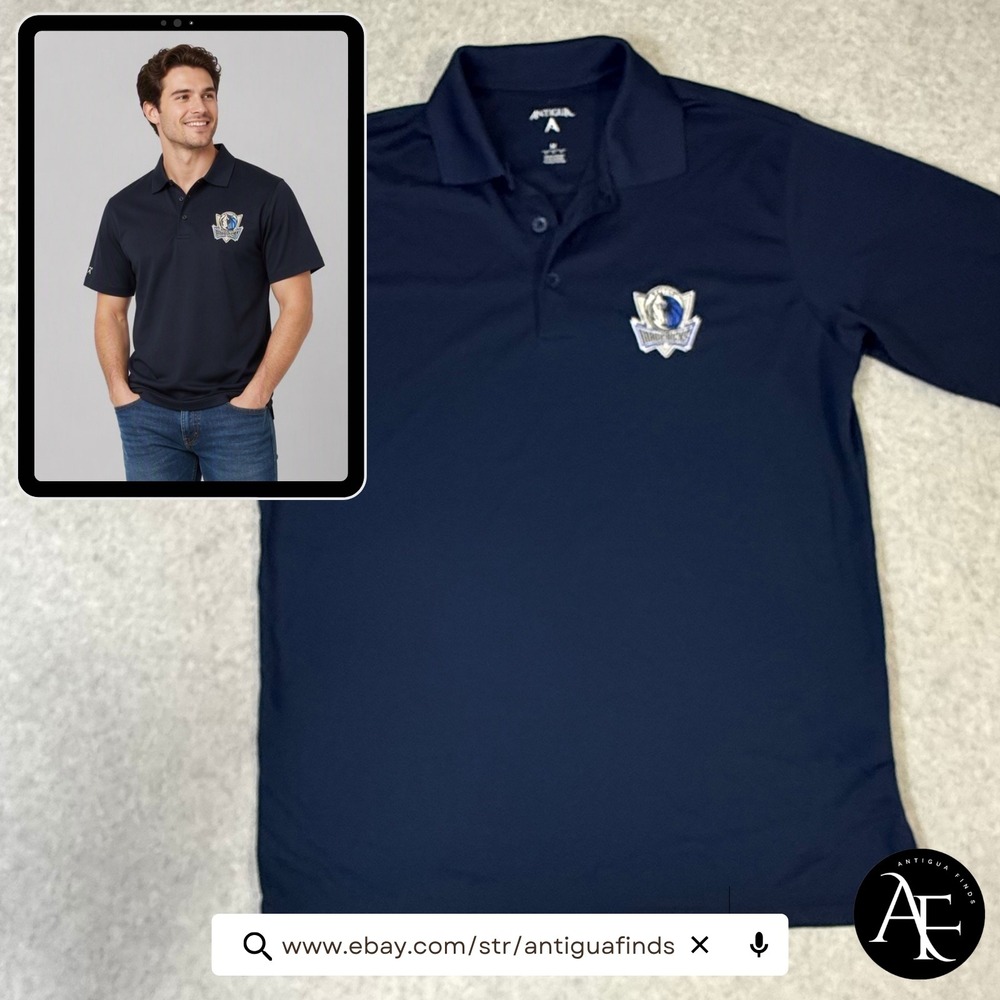 Antigua Dallas Mavericks Mens Navy Blue Performance Polo Shirt Medium NBA Logo